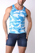 Blue and white camouflage patterned x fit camo tank top with subtle textured weave for active wear