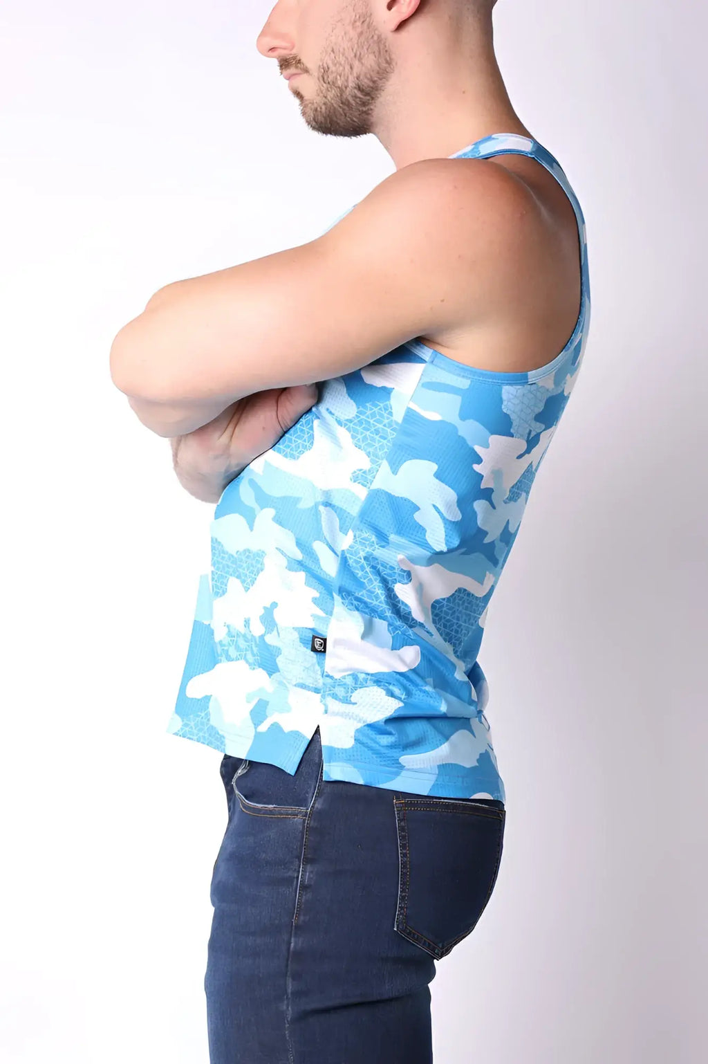 Blue and white camouflage patterned x fit camo tank top with subtle geometric design for active wear
