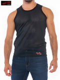 Black mesh tank top with round neckline and subtle perforated pattern featuring hard core brand label at bottom hem