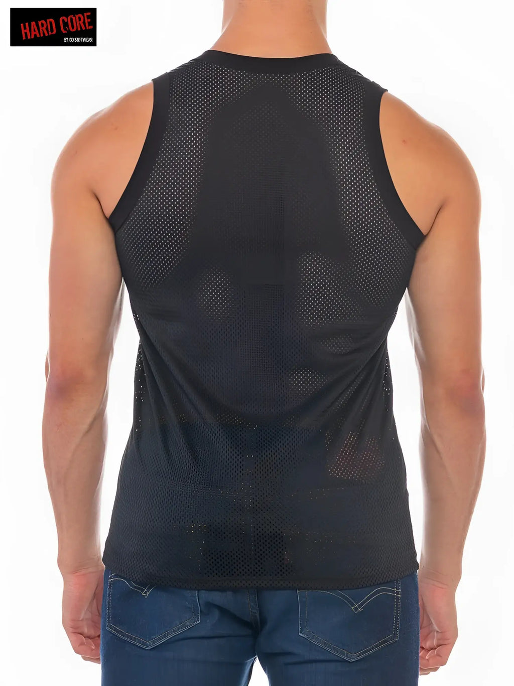 Black mesh tank top with subtle textured pattern showcasing breathable lightweight fabric for casual wear