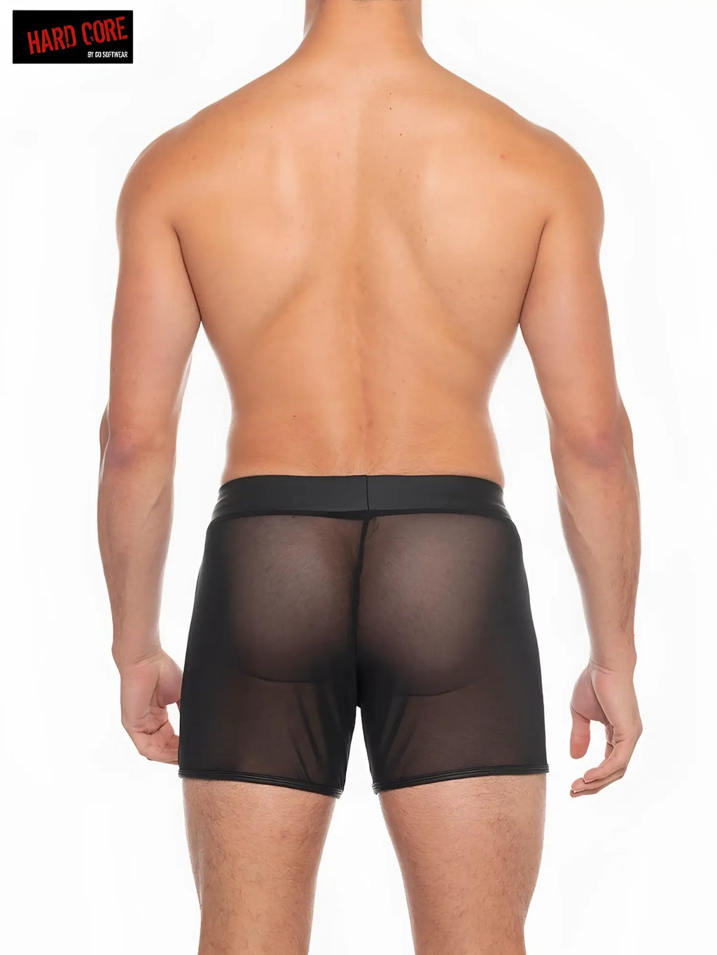 Black sheer mesh briefs with solid black waistband showing the front of the x mini mesh short product