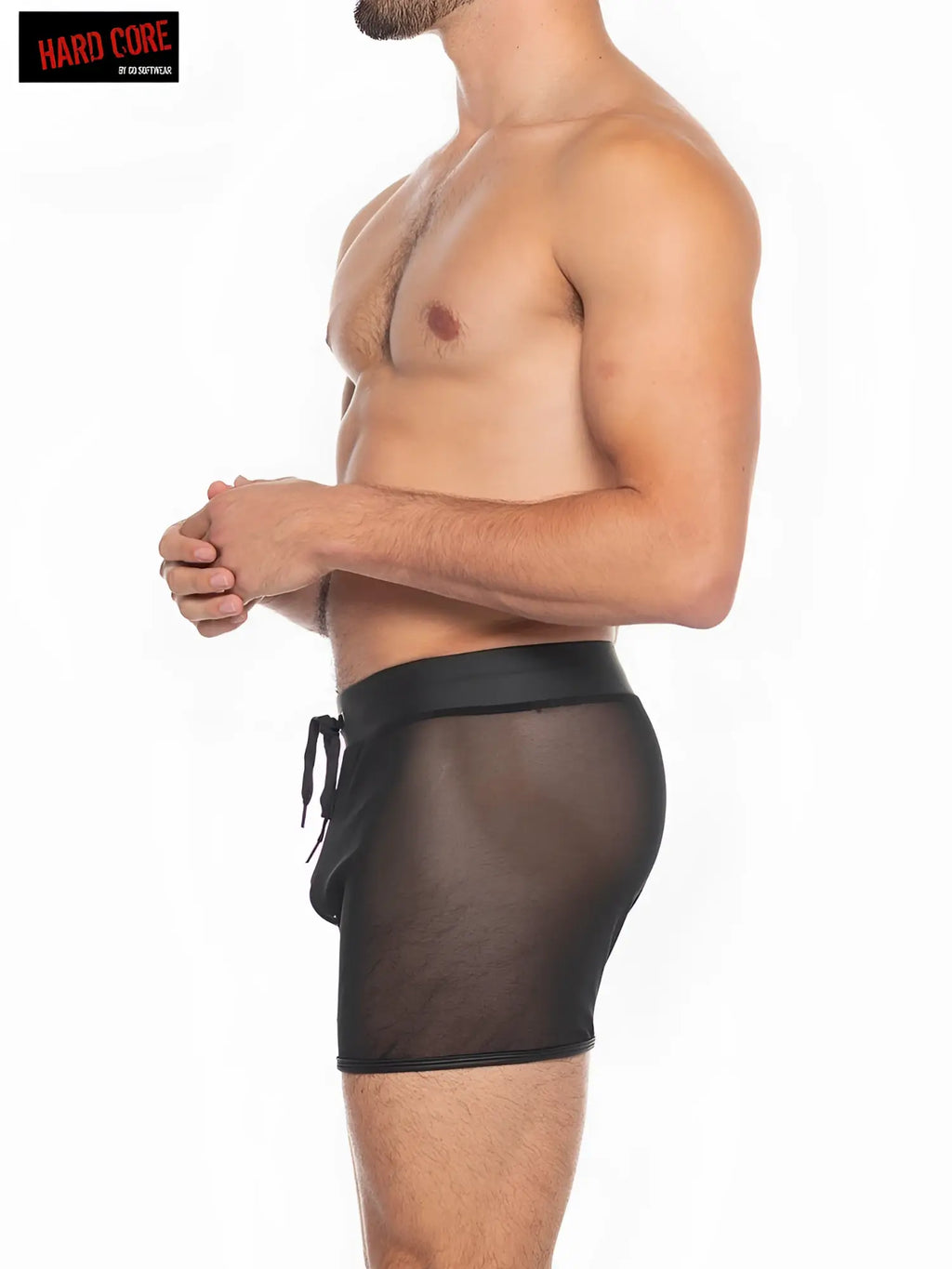 Black sheer mesh briefs with solid black waistband and drawstring x mini mesh short front view