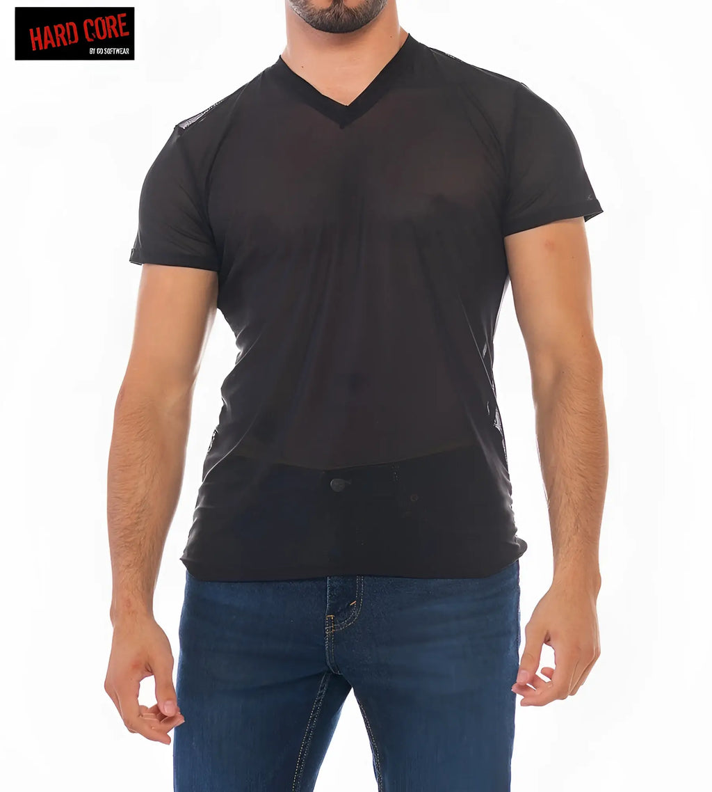 Black v-neck short-sleeved shirt x mini mesh v-tee with sheer mesh overlay and solid fabric bottom