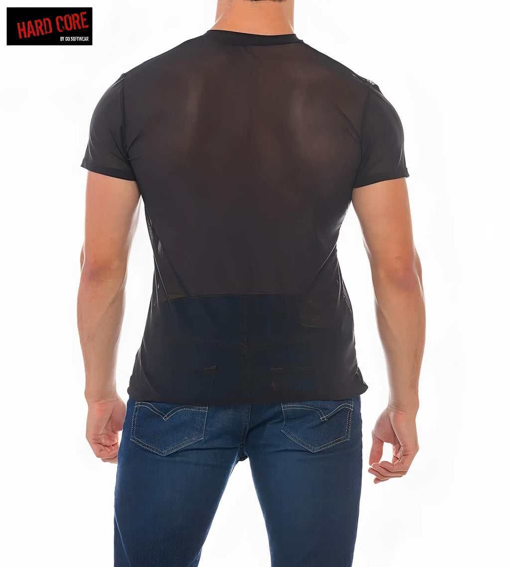 Black sheer mesh x mini mesh v-tee with solid black lower panel and short sleeves for stylish layering