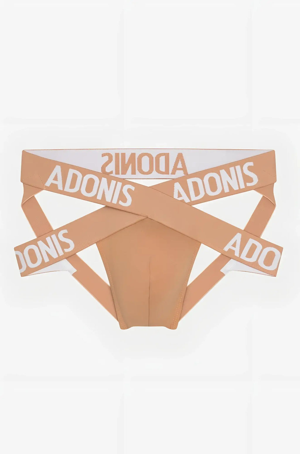 Beige adonis brand briefs with white adonis lettering on intersecting elastic bands from the x nude jock collection