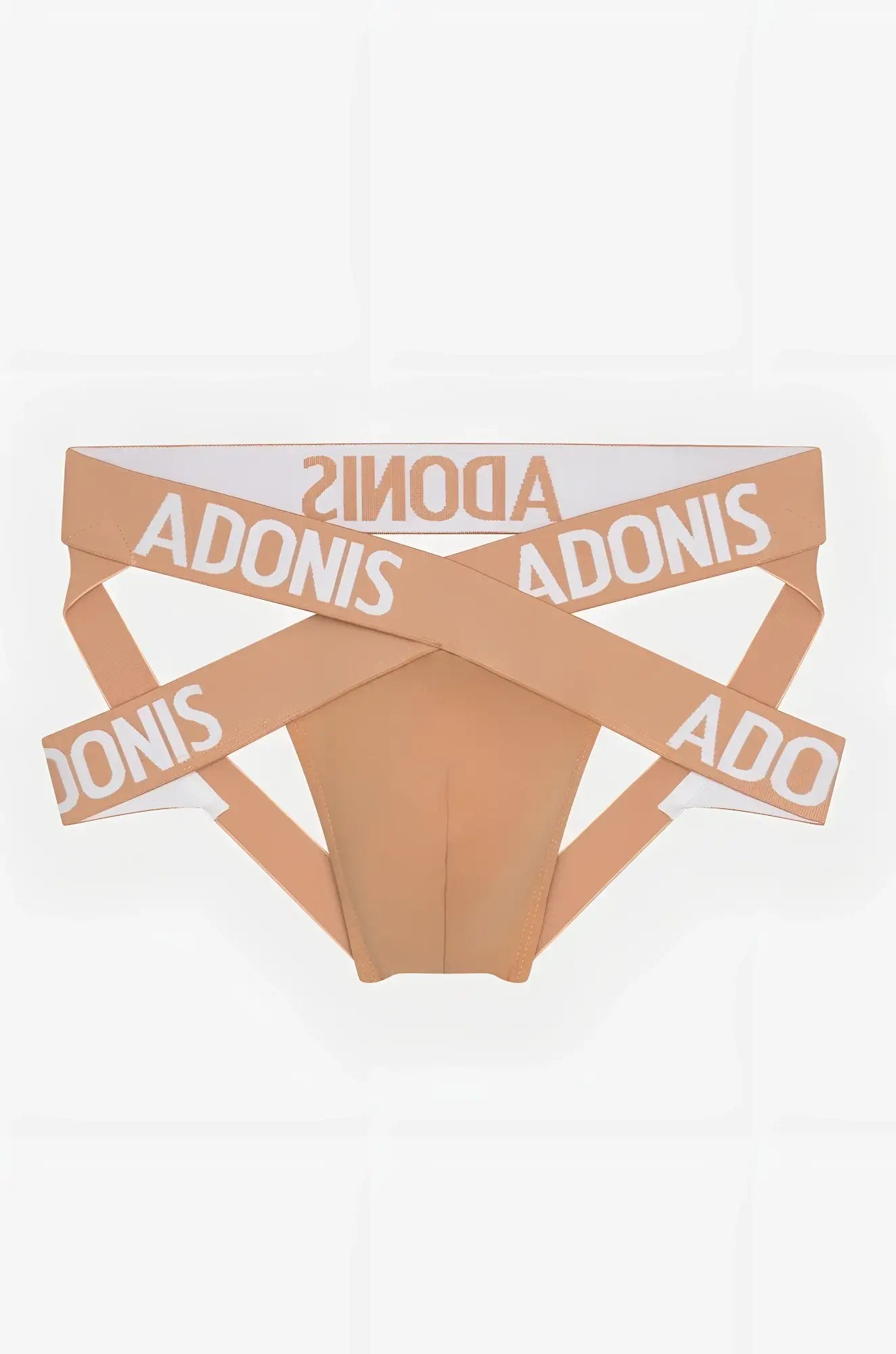 Beige adonis brand briefs with white adonis lettering on intersecting elastic bands from the x nude jock collection