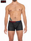Black hard core by gosetgear men’s x pleather boxer briefs with cod piece and red blue elastic waistband with brand name