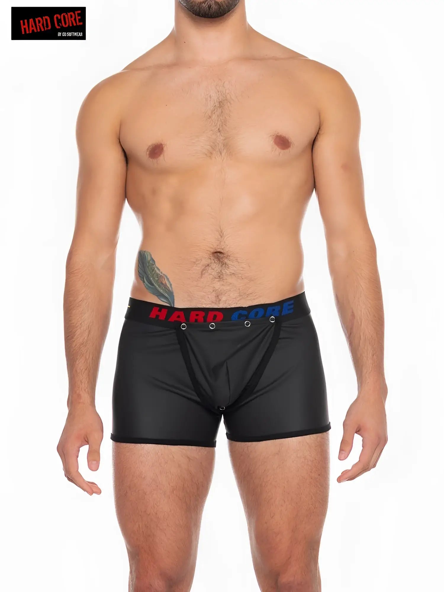 Black hard core by gosetgear men’s x pleather boxer briefs with cod piece and red blue elastic waistband with brand name