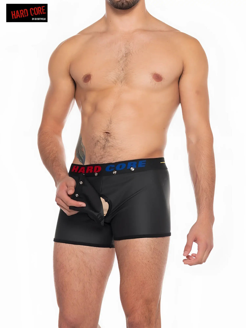 Black hard core x pleather boxer brief with cod piece featuring shiny stretchy fabric and red and blue waistband branding
