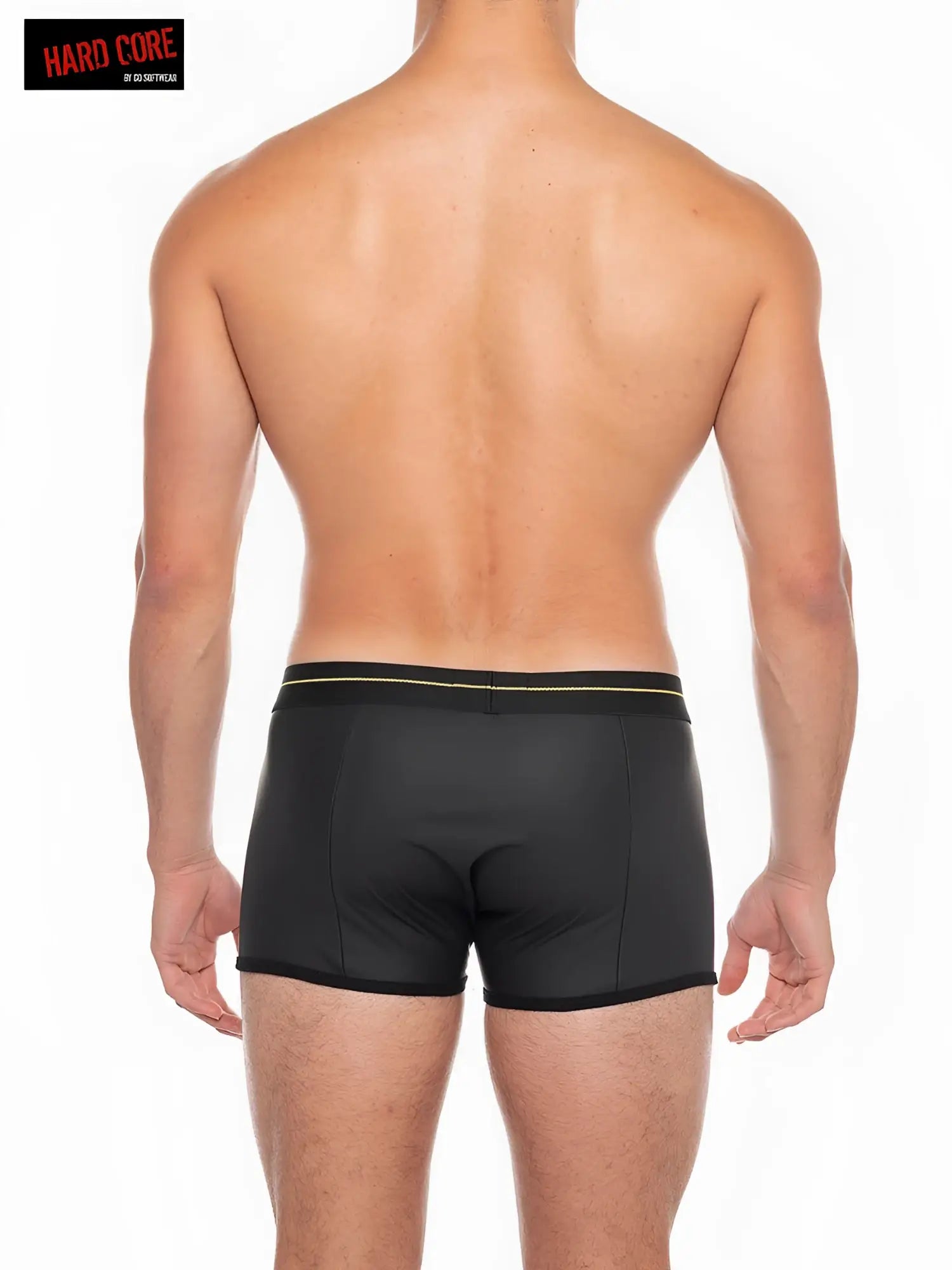 Black men’s X Pleather boxer brief with cod piece featuring sleek design and thin yellow trim on waistband