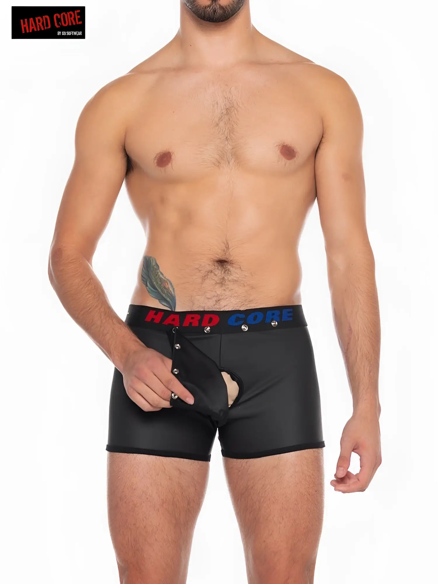 Black satin pleather boxer briefs with hard core red and blue waistband and silver button accents with cod piece