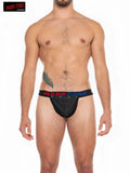 Black x pleather jockstrap with cod piece featuring red and blue hardcore branded waistband lettering
