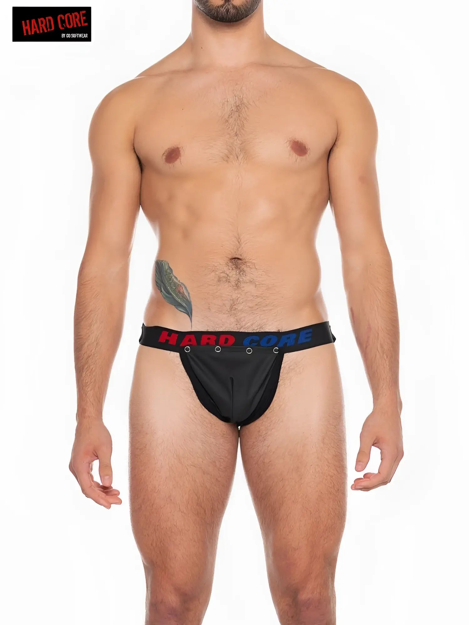 Black x pleather jockstrap with cod piece featuring red and blue hardcore branded waistband lettering