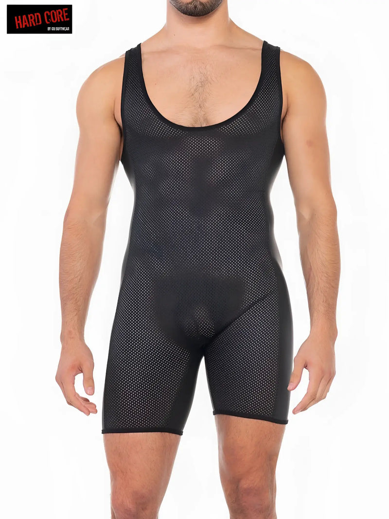 Black mesh tank top with snug fit and reinforced seams x warrior singlet front view