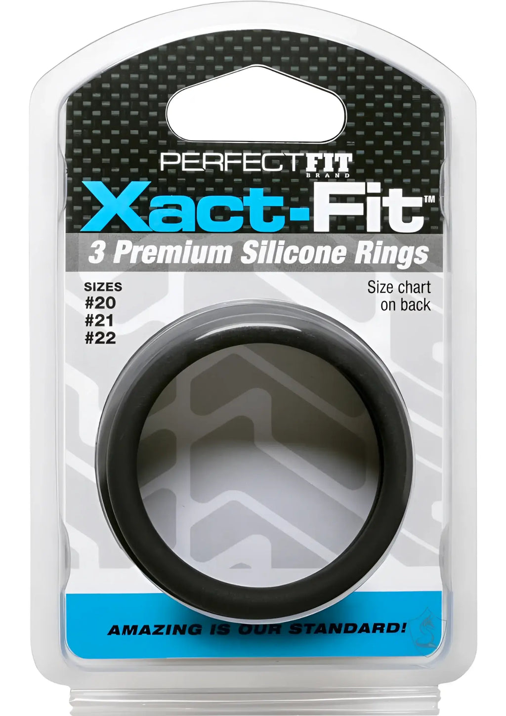 Black silicone ring in clear plastic package featuring perfect fit xact-fit 3 premium silicone rings branding