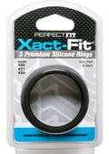 Black silicone ring in clear plastic package featuring perfect fit xact-fit 3 premium silicone rings branding