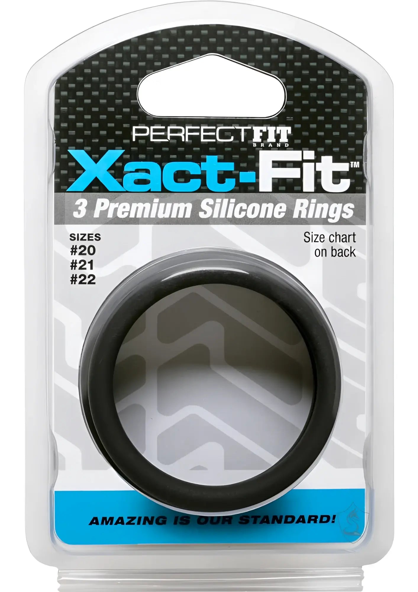 Black silicone ring in clear plastic package featuring perfect fit xact-fit 3 premium silicone rings branding