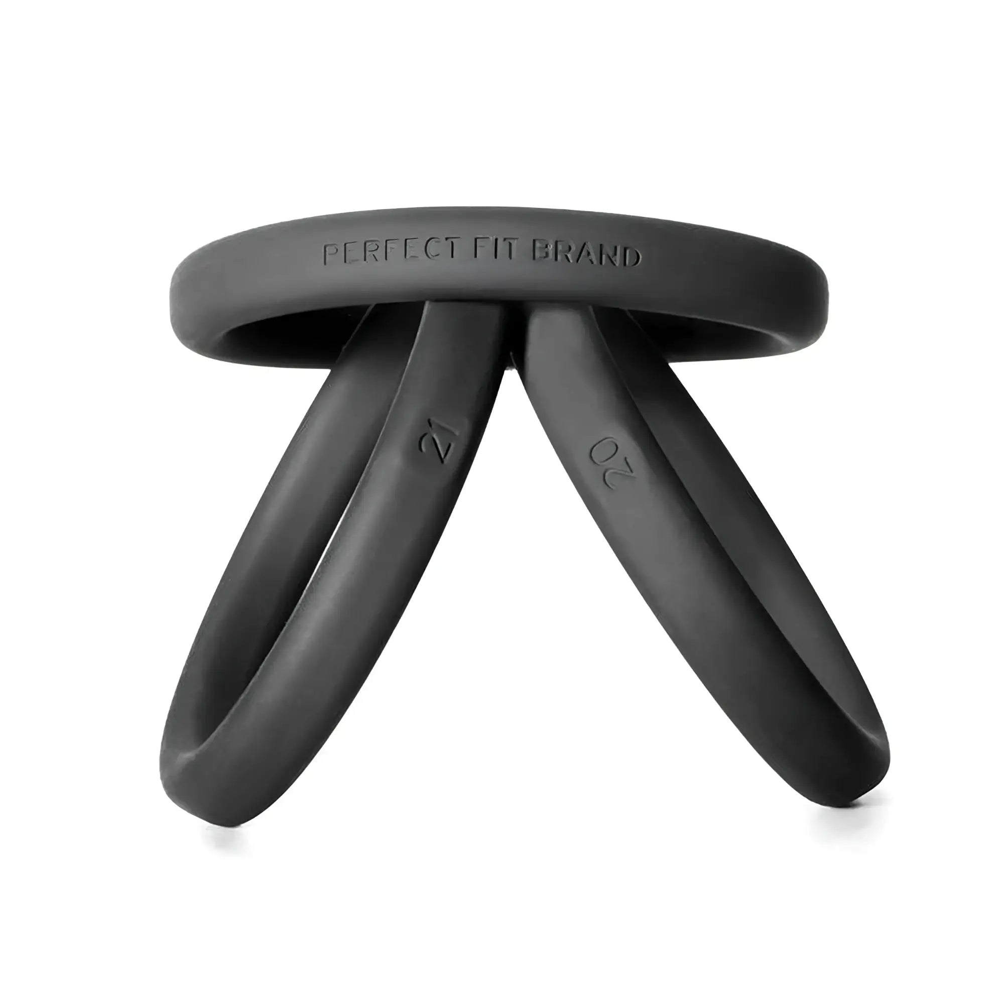Black silicone ring stand xact-fit silicone rings with perfect fit brand engraving and size numbers embossed on legs