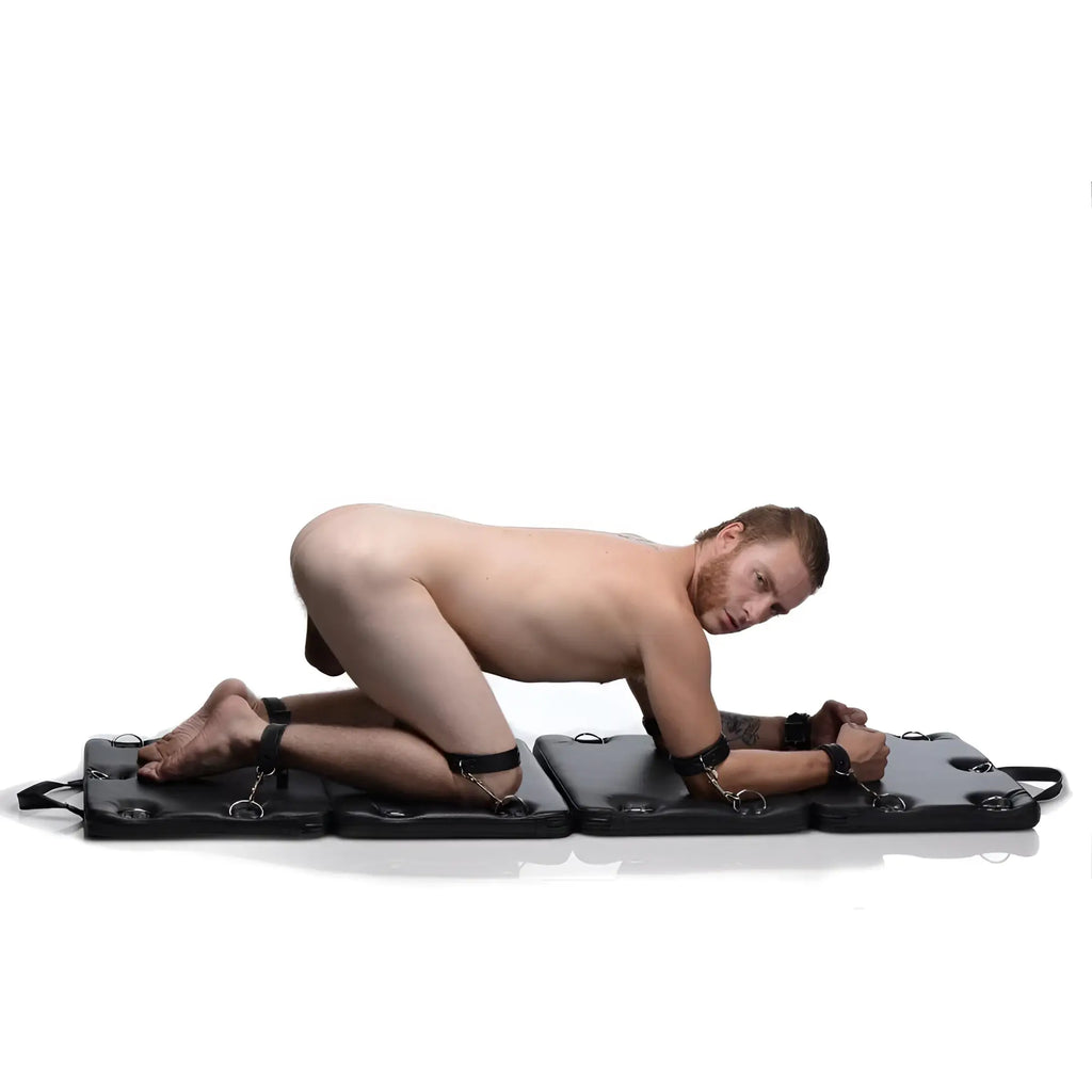 Xl bondage board black leather restraint mat with metal rings and handles for secure bondage play