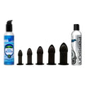 XR Brands Anal Training Set: five graduated black silicone plugs flanked by Clean Stream bleach and Passion lubricant.