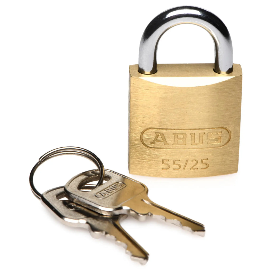 XR Brands brass padlock with a silver shackle and two matching keys on a ring, isolated on a white background.