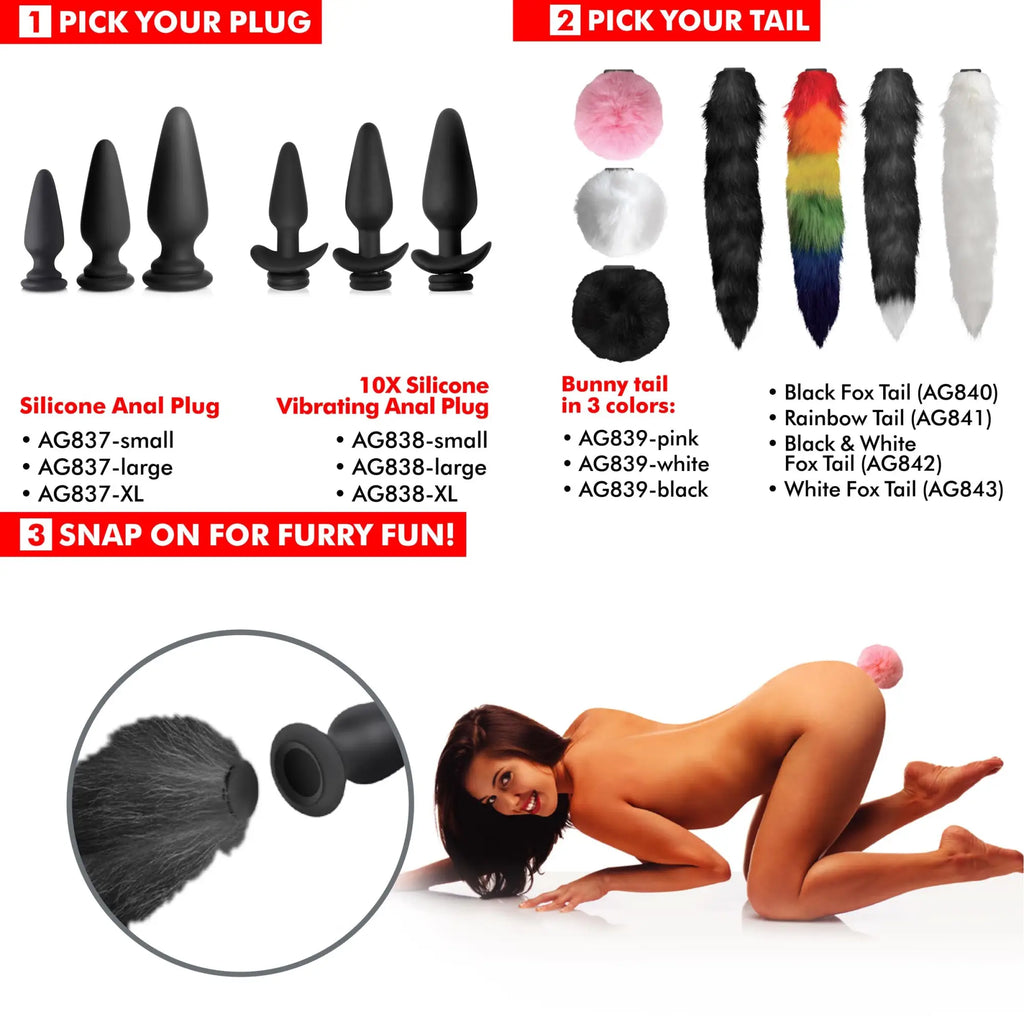 XR Brands interchangeable black silicone anal plugs and various colorful faux fur tails shown in a display.