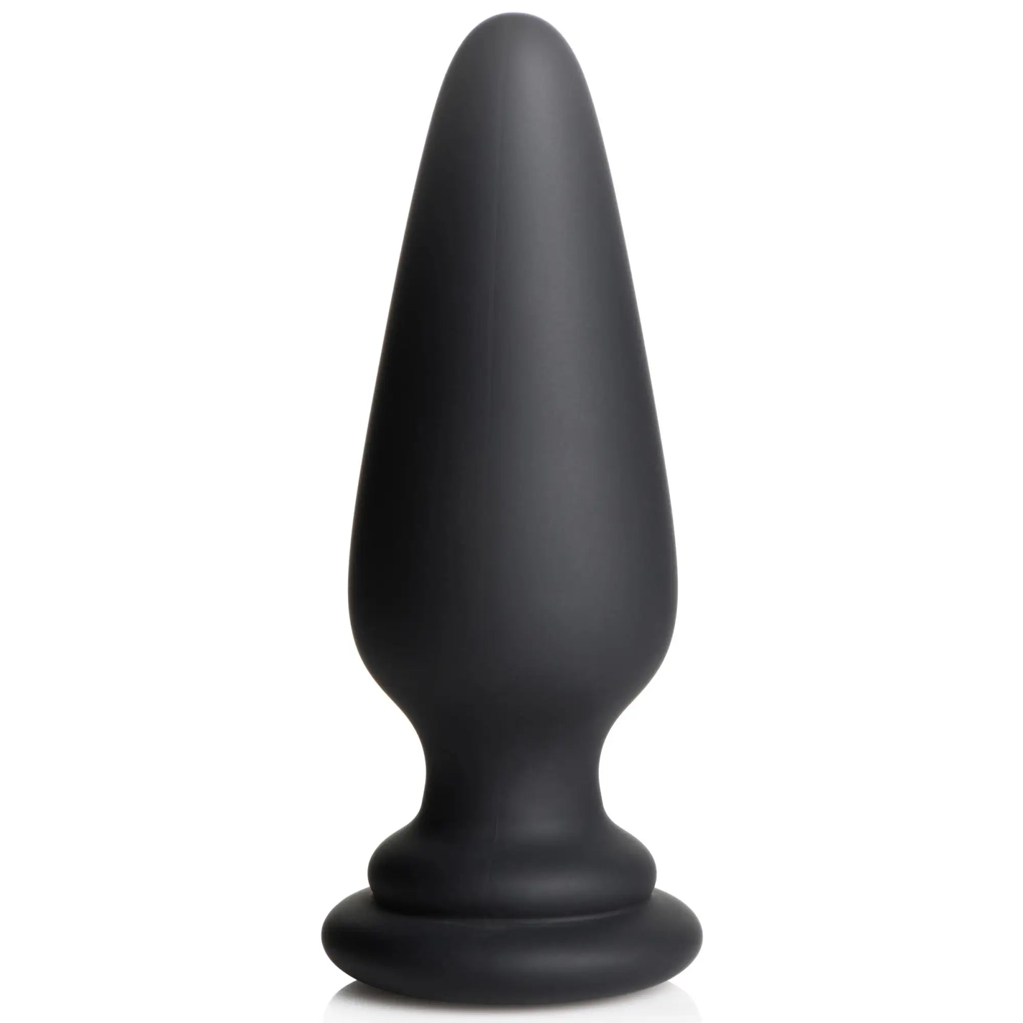 XR Brands matte black, tapered silicone anal plug on a white background.
