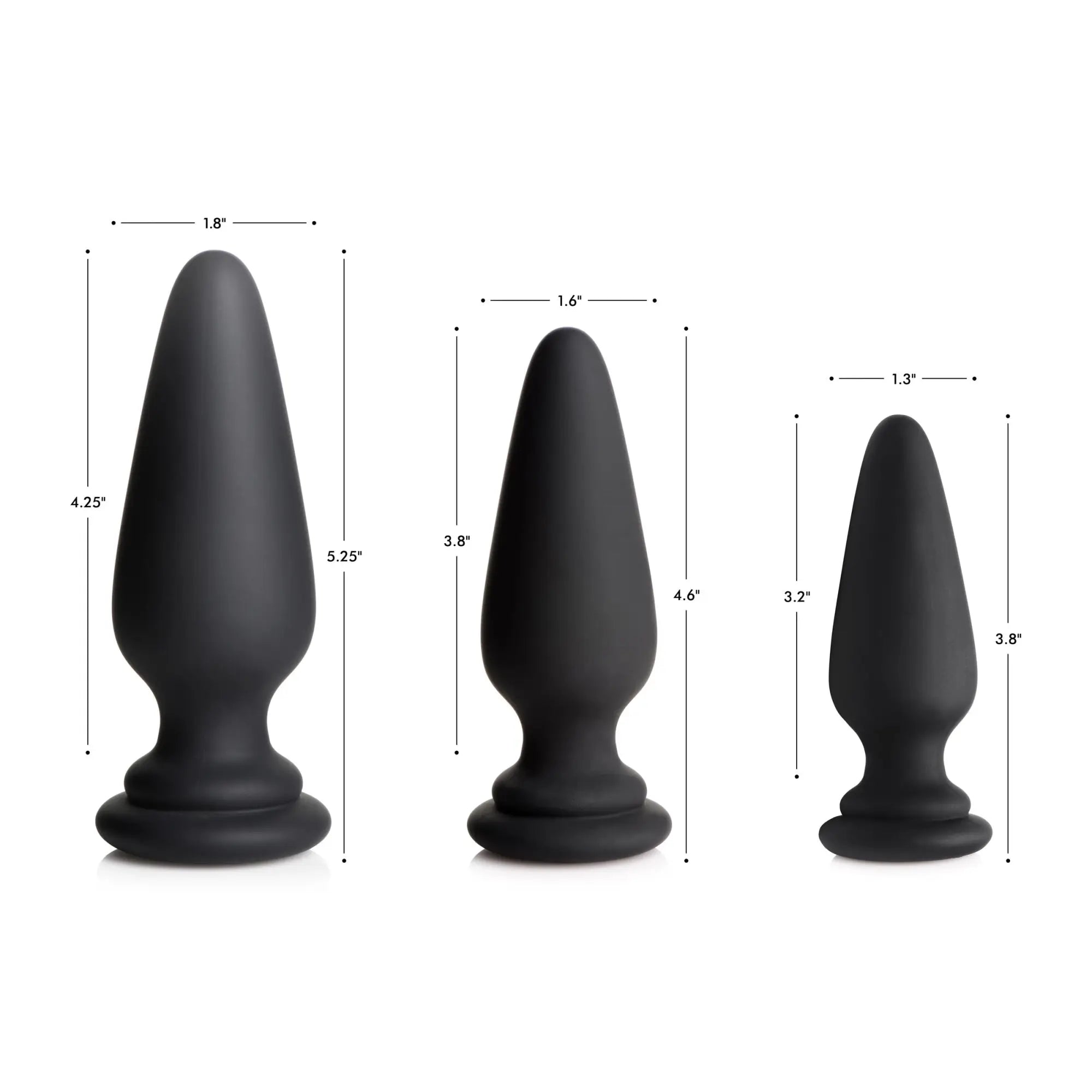 Three black XR Brands silicone anal plugs of varying sizes, shown upright with dimensions labeled against a white background.