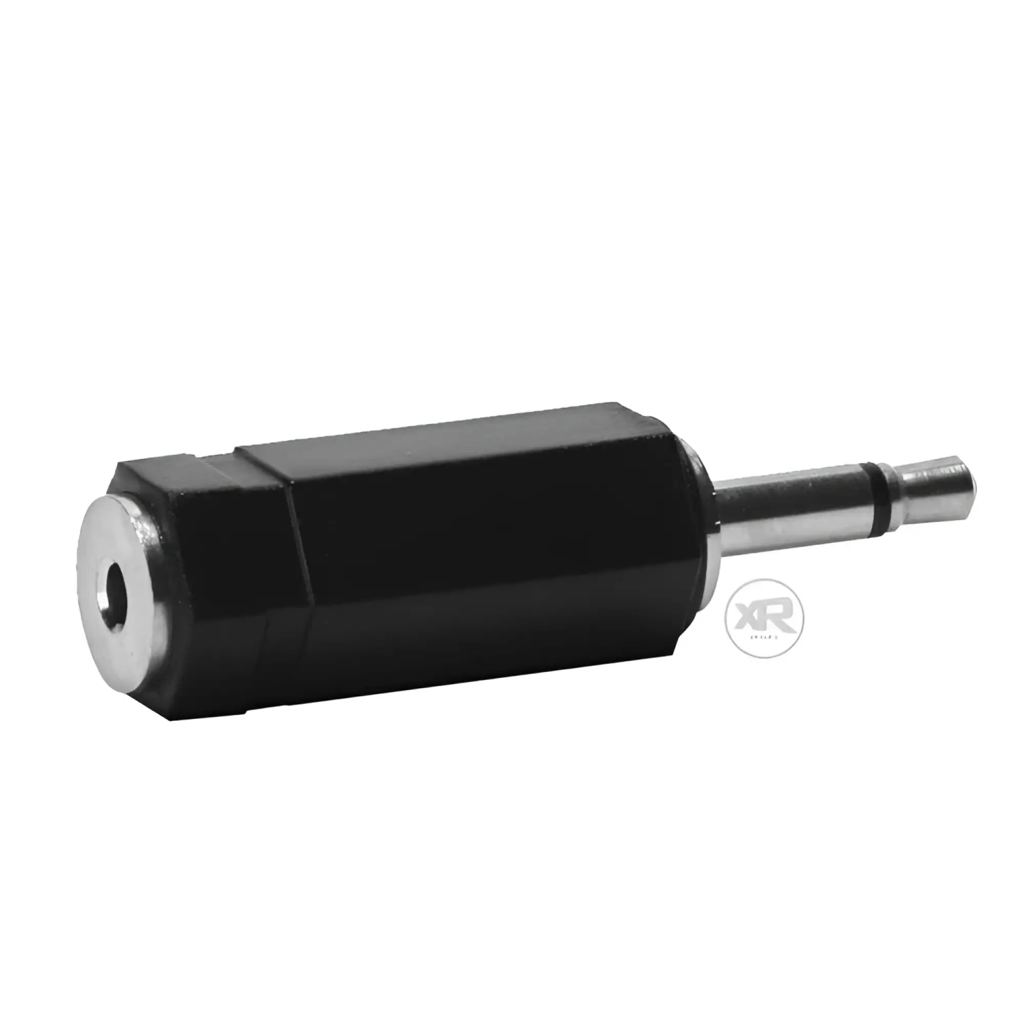 XR Brands in-line adapter with a black cylindrical body, featuring a silver 2.5mm input and 3.5mm plug.