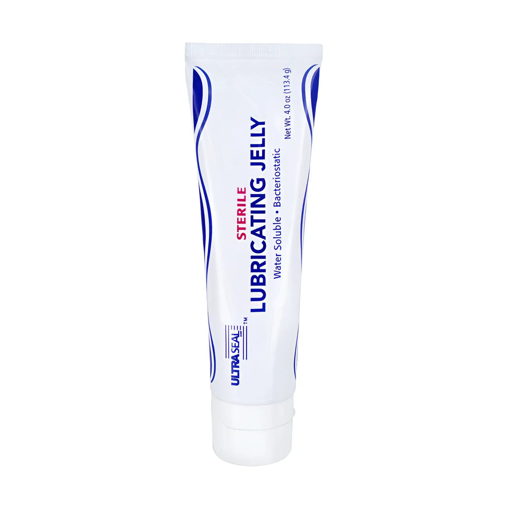A white 4oz tube of XR Brands Sterile Lubricating Jelly with blue wave accents on a plain white background.