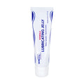 A white 4oz tube of XR Brands Sterile Lubricating Jelly with blue wave accents on a plain white background.