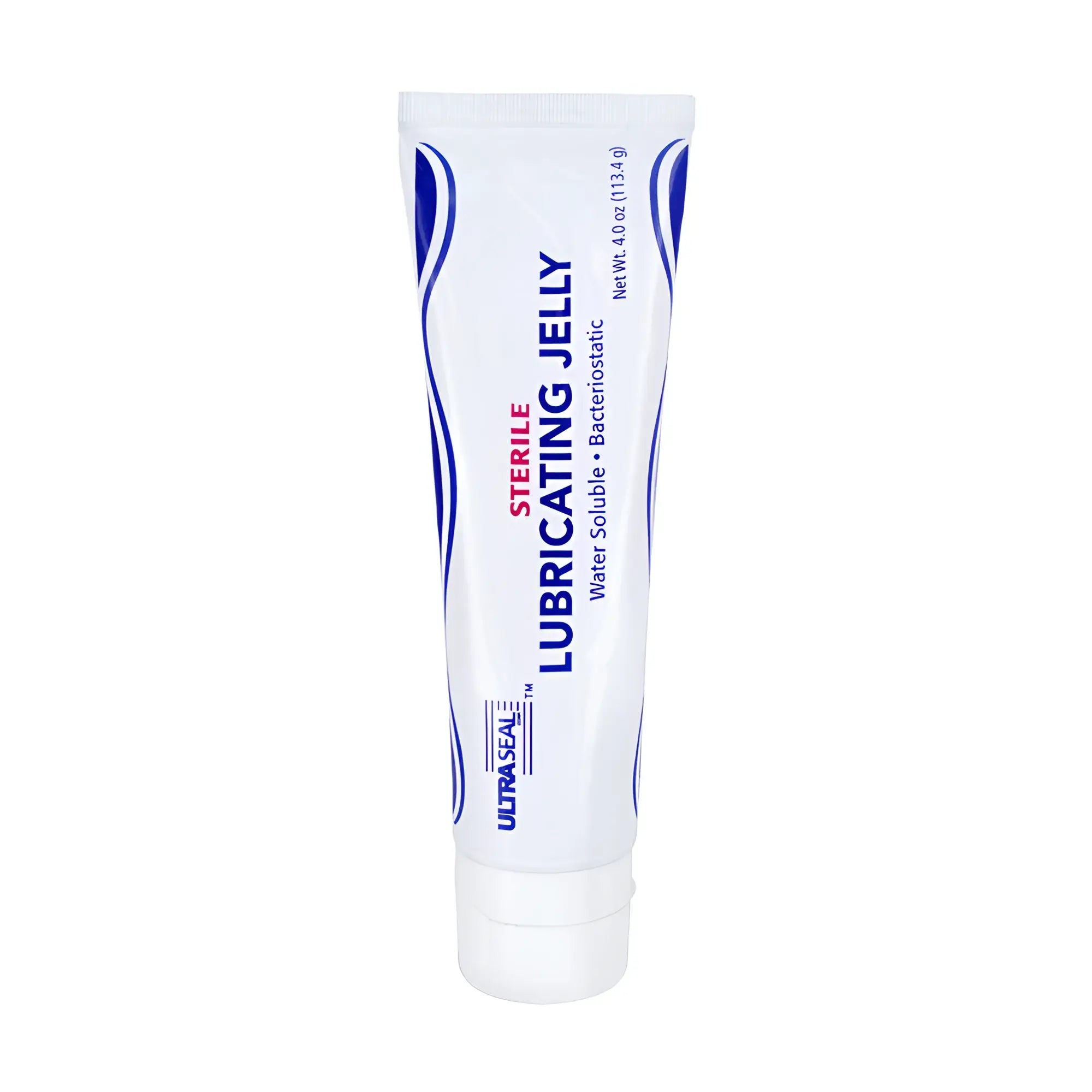 A white 4oz tube of XR Brands Sterile Lubricating Jelly with blue wave accents on a plain white background.