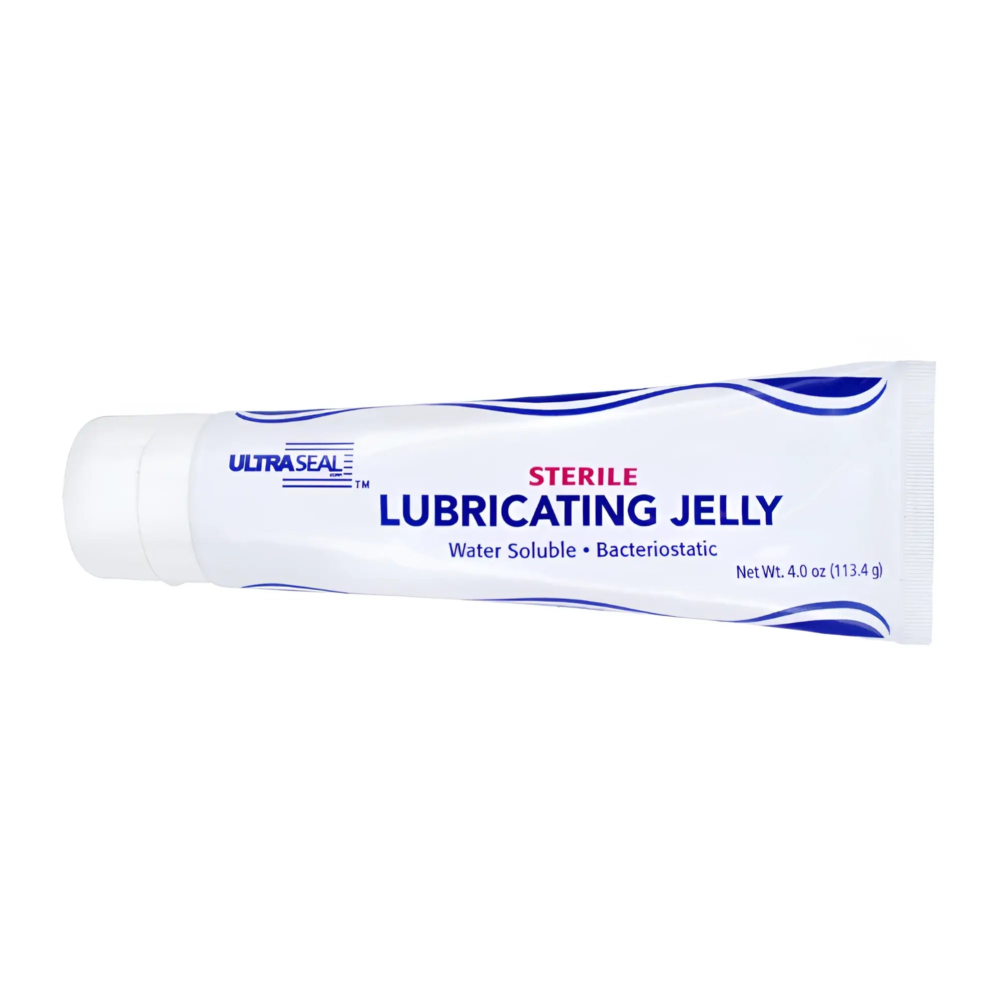 White 4.0 oz tube of XR Brands Sterile Lubricating Jelly with blue text and wave accents on a white background.