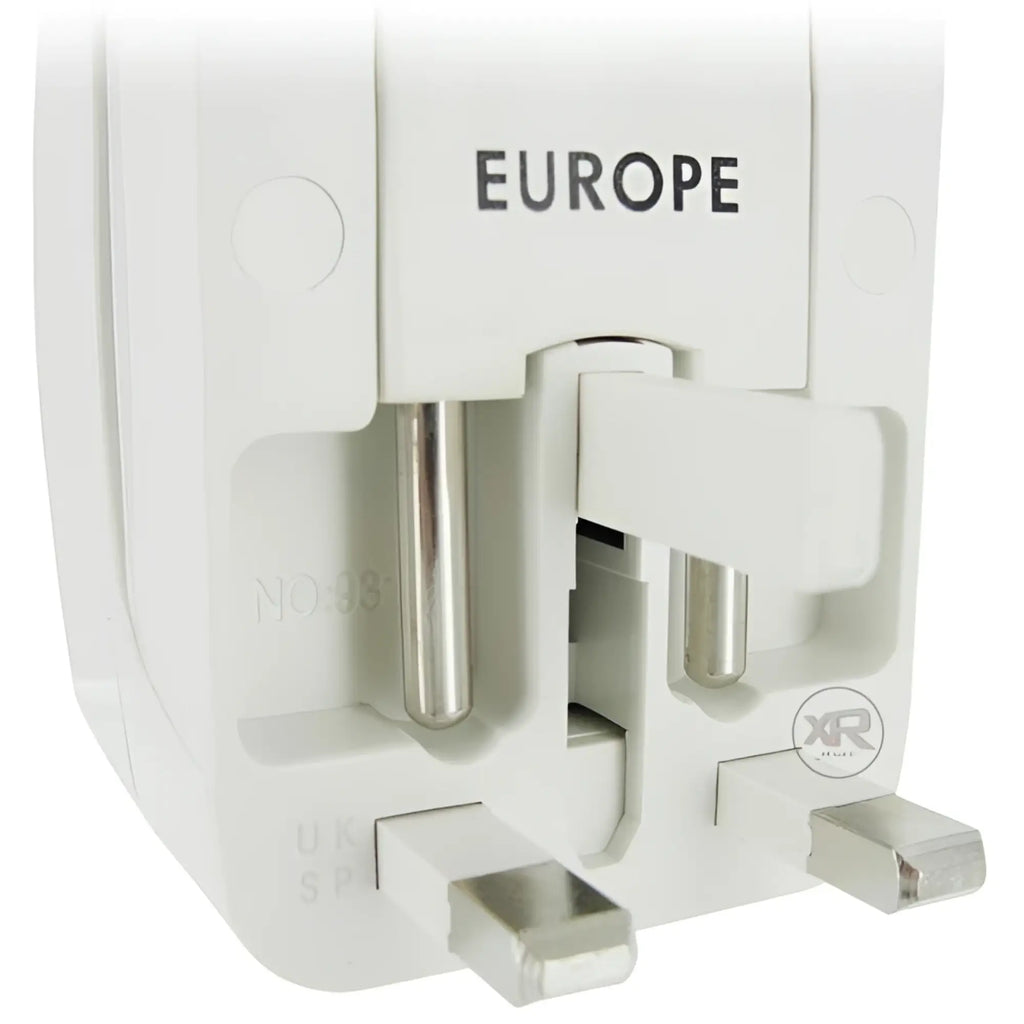 XR Brands white universal plug adapter with European and UK prongs visible.