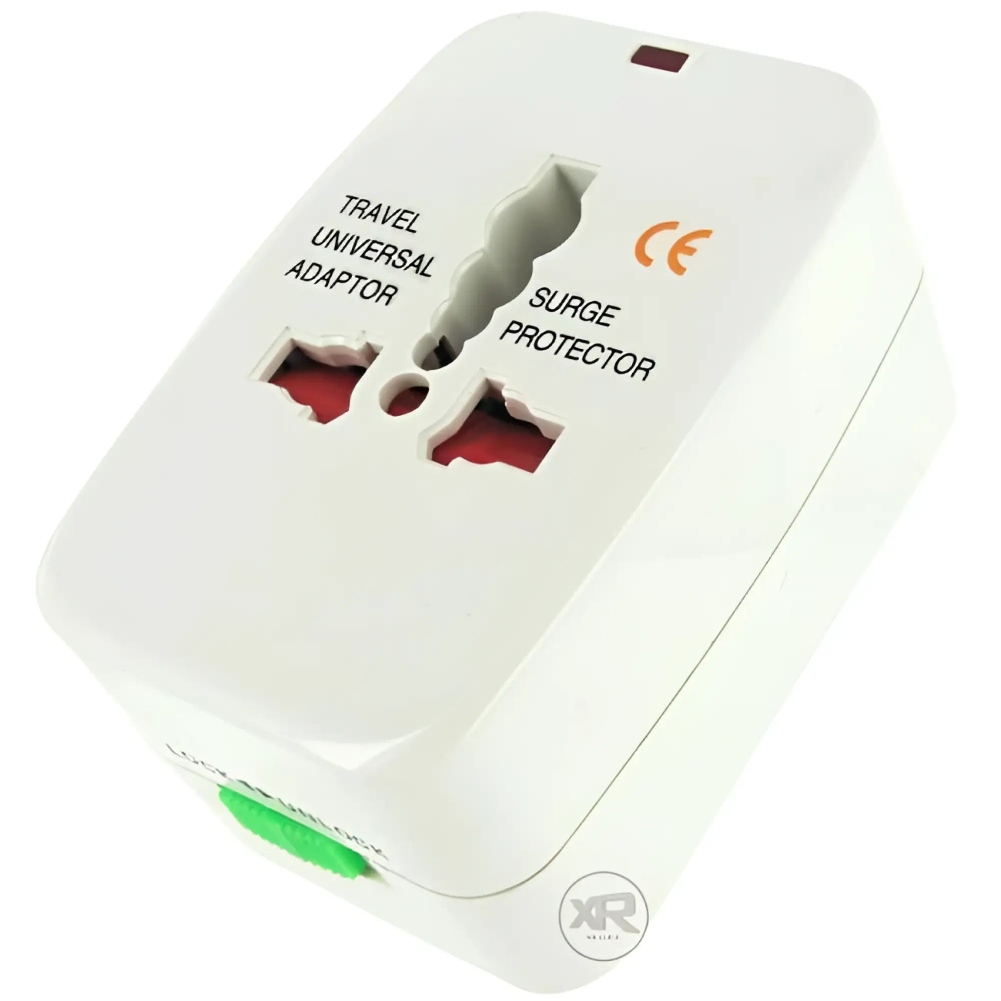 XR Brands white universal plug adapter with surge protection, featuring multiple outlet configurations and a green switch.