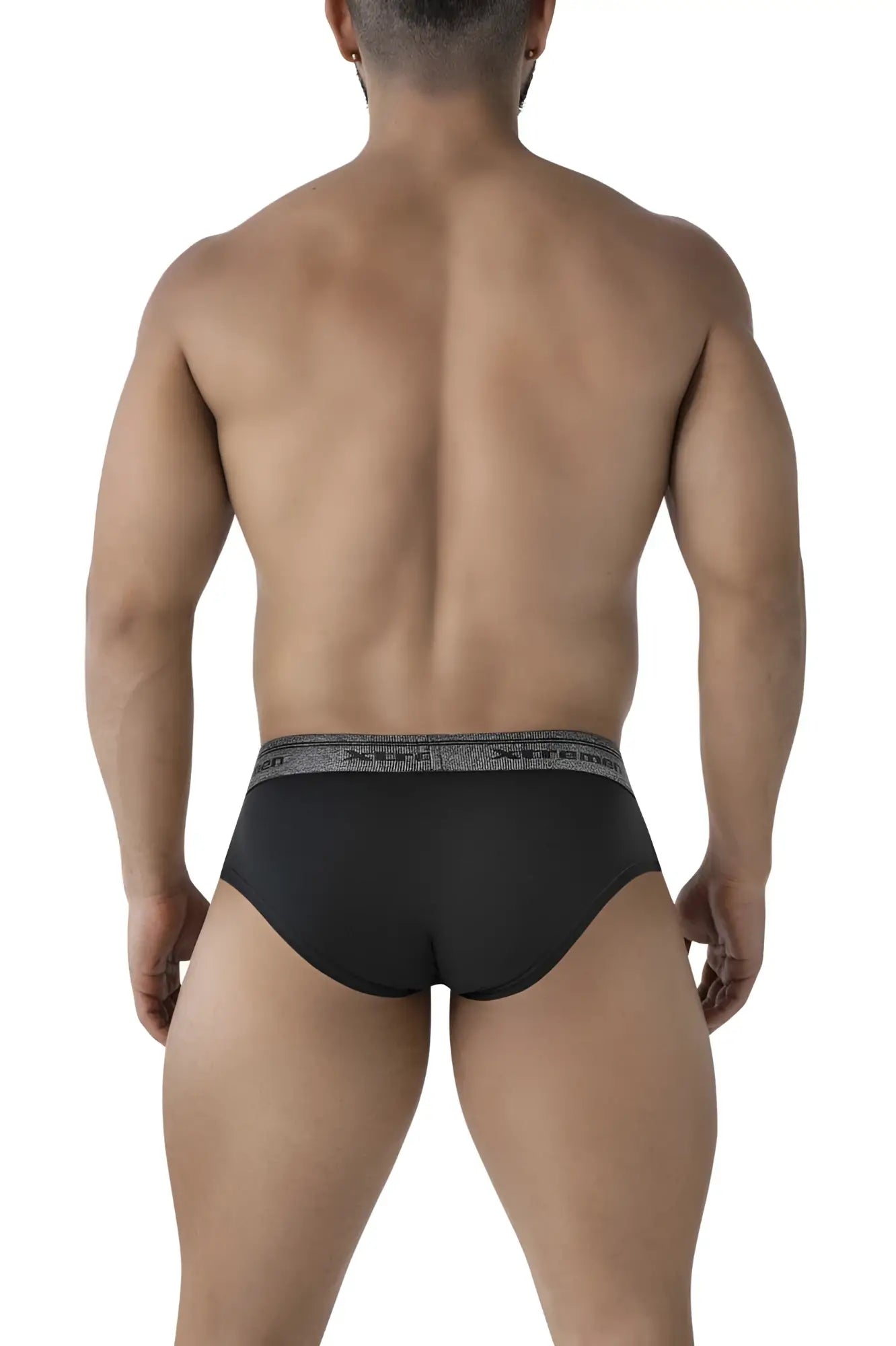 Black xtremen 41315 cotton blend briefs with a gray patterned waistband showing front details