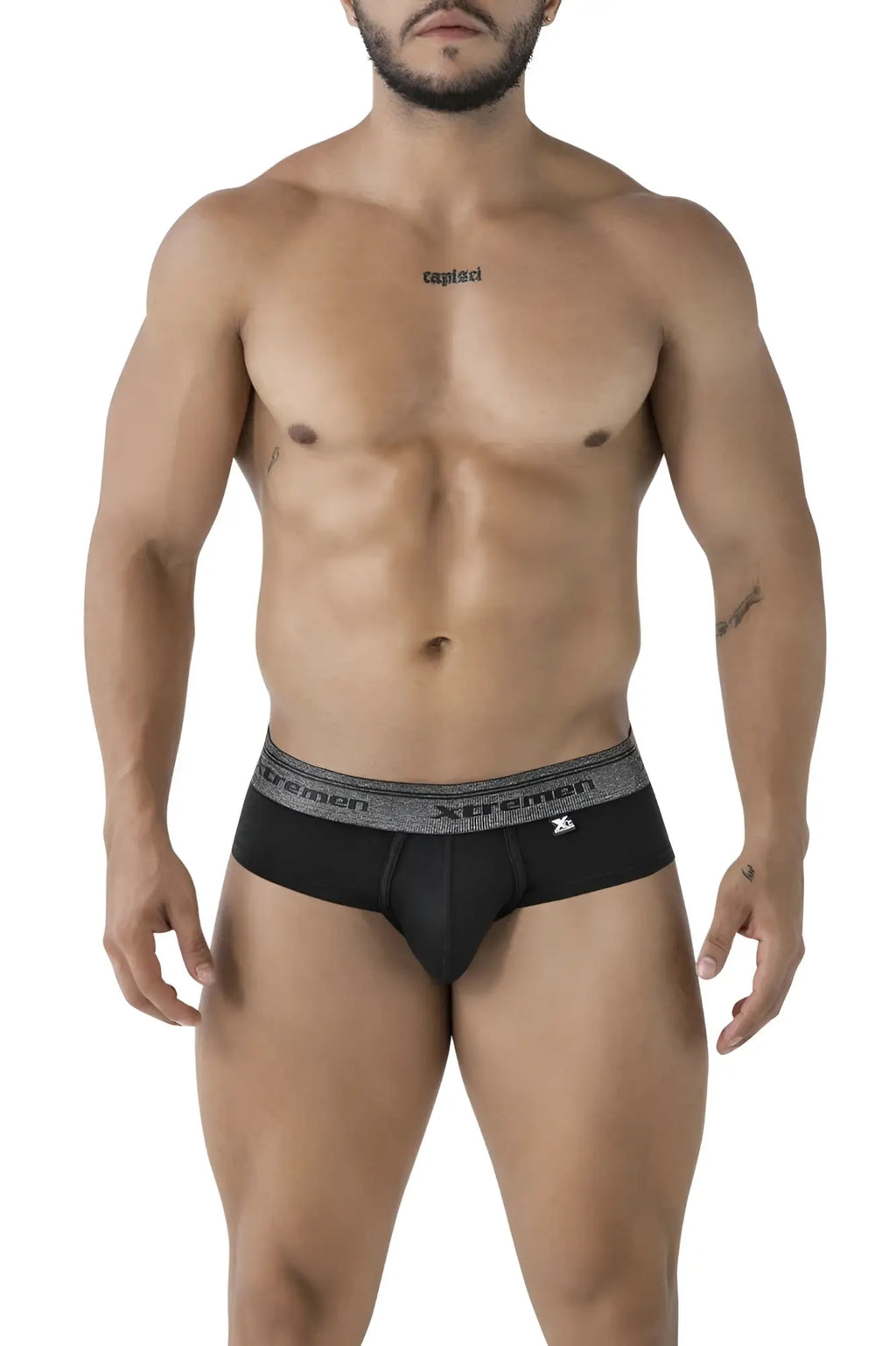 Black xtremen 41315 cotton blend men’s briefs with gray textured waistband featuring brand name and logo