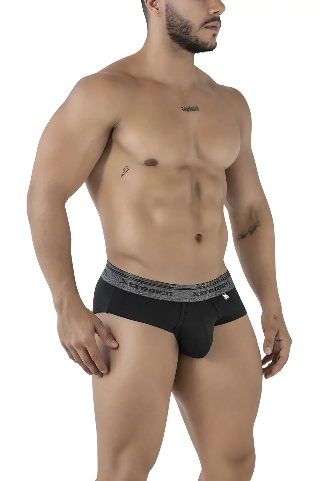 Black Xtremen 41315 cotton blend briefs with gray elastic waistband featuring the brand name and logo