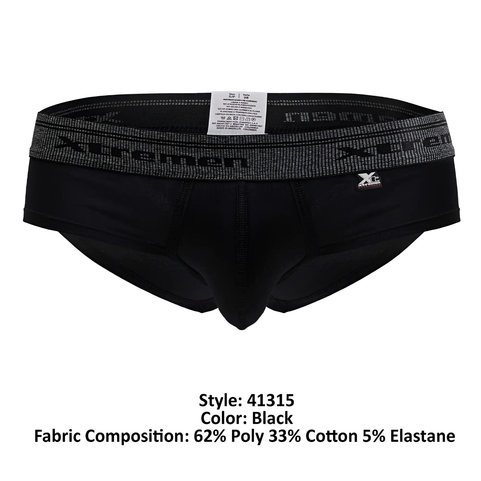 Black Xtremen 41315 cotton blend briefs with gray patterned waistband, brand logo, and elasticated fit