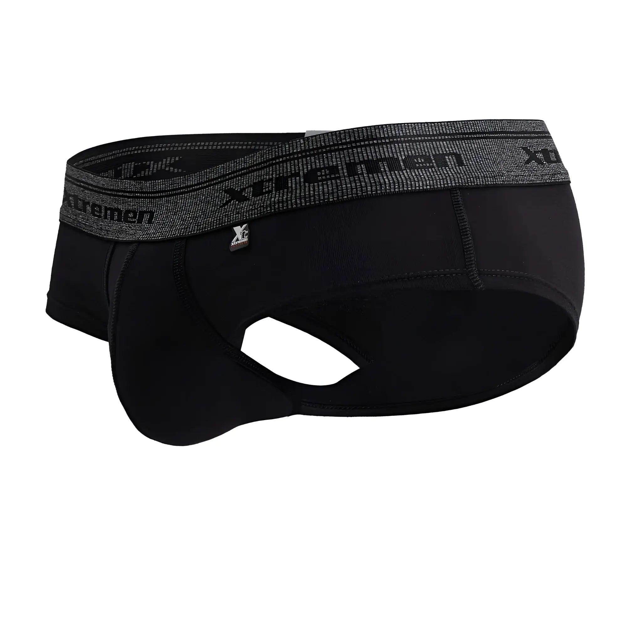 Black xtremen 41315 cotton blend men’s briefs with textured gray waistband featuring brand name and logo