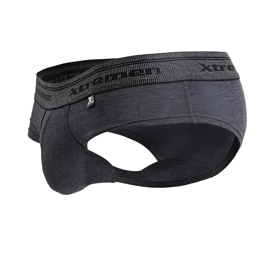 Dark gray heathered men’s xtremen cotton blend briefs with black elastic waistband featuring brand logo