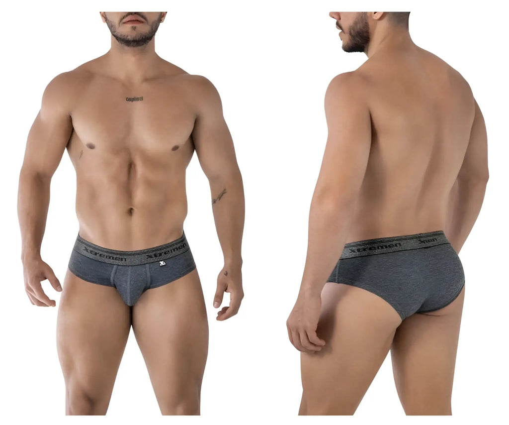 Gray heathered men’s briefs with black xtreme elastic waistband made of cotton blend for comfortable wear