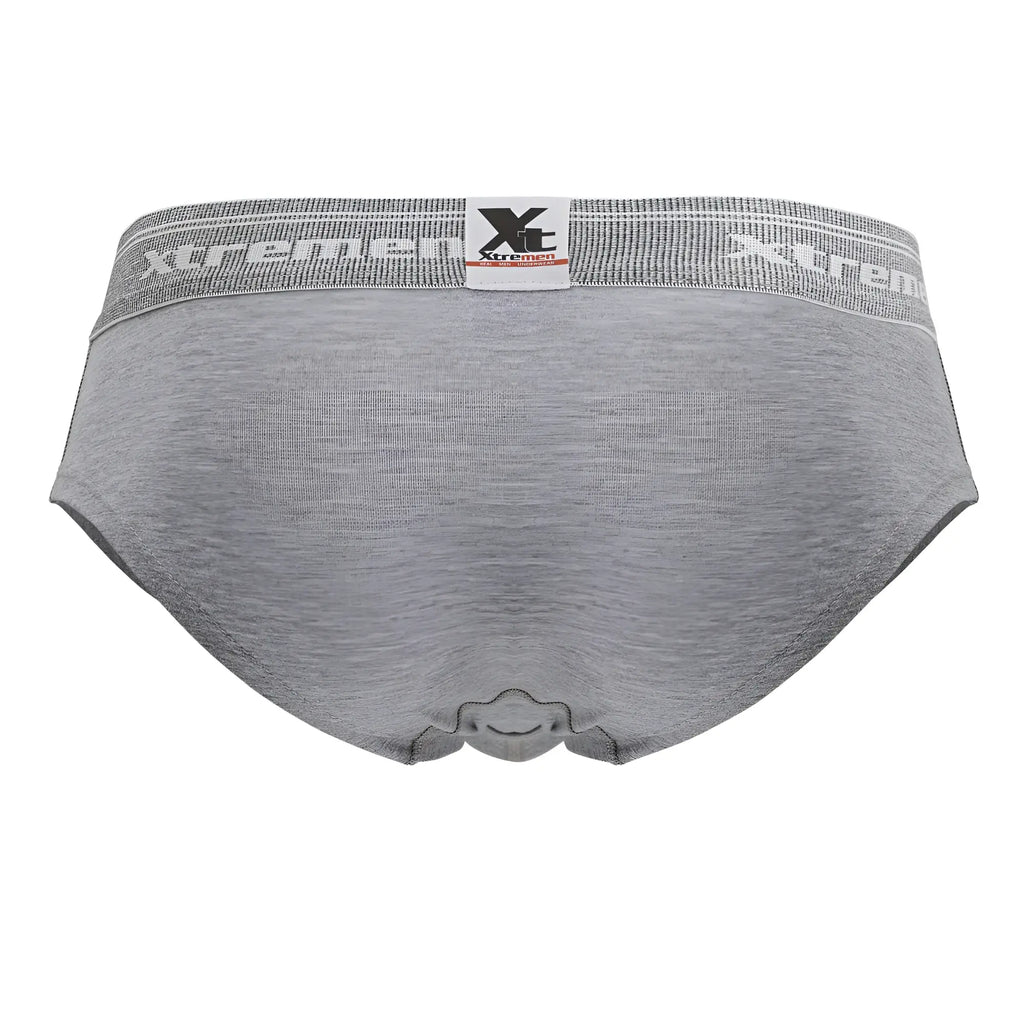 Gray heathered cotton blend briefs with white elastic waistband featuring xtreme logo and brand tag in jasper gray