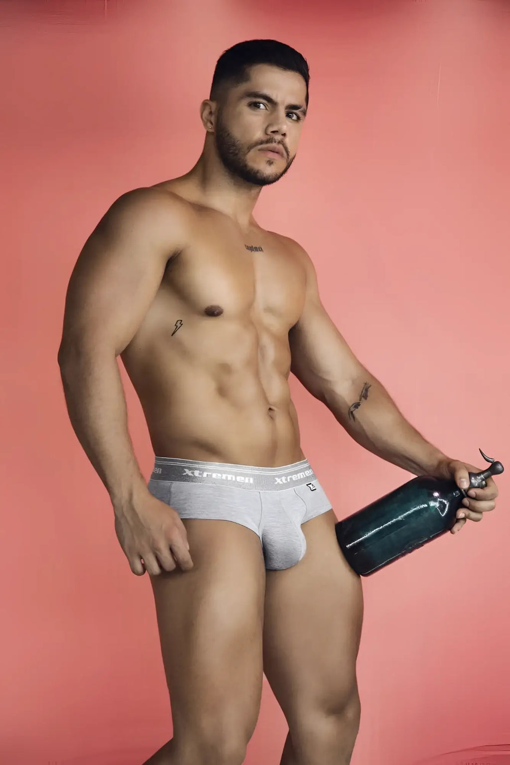 Gray cotton blend briefs with white elastic waistband and xl branding by Xtremen in jasper gray color