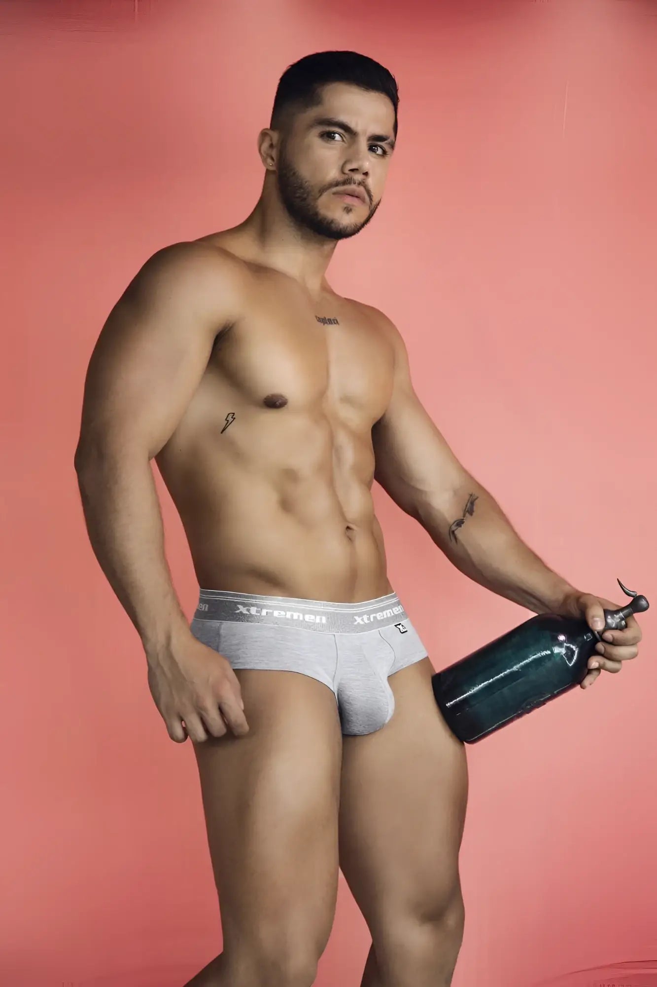 Gray cotton blend briefs with white elastic waistband and xl branding by Xtremen in jasper gray color