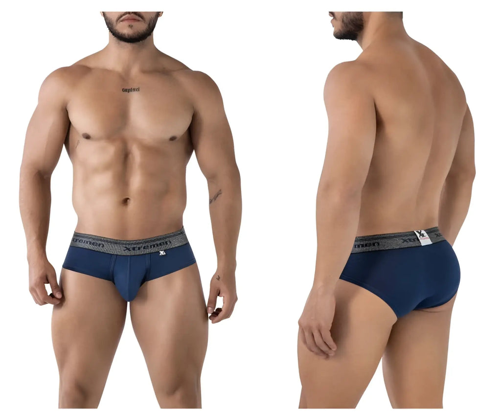 Navy cotton blend men’s briefs with gray elastic waistband featuring xtremen logo and xl size tag