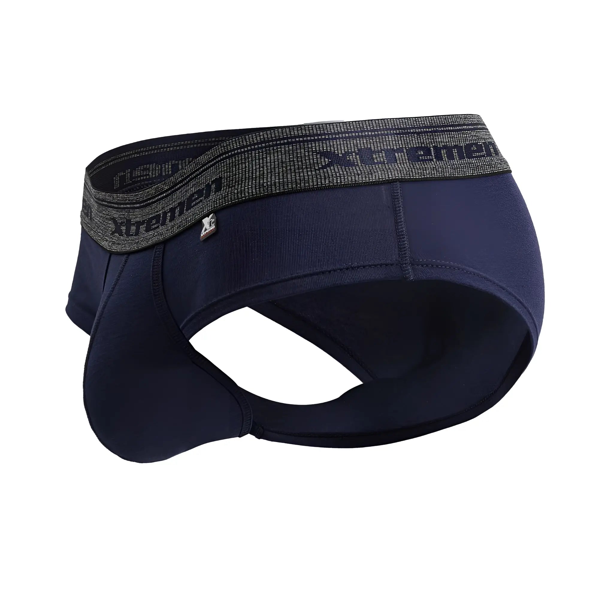 Navy xtremen 41315 cotton blend men’s briefs with textured gray waistband featuring brand name and logo