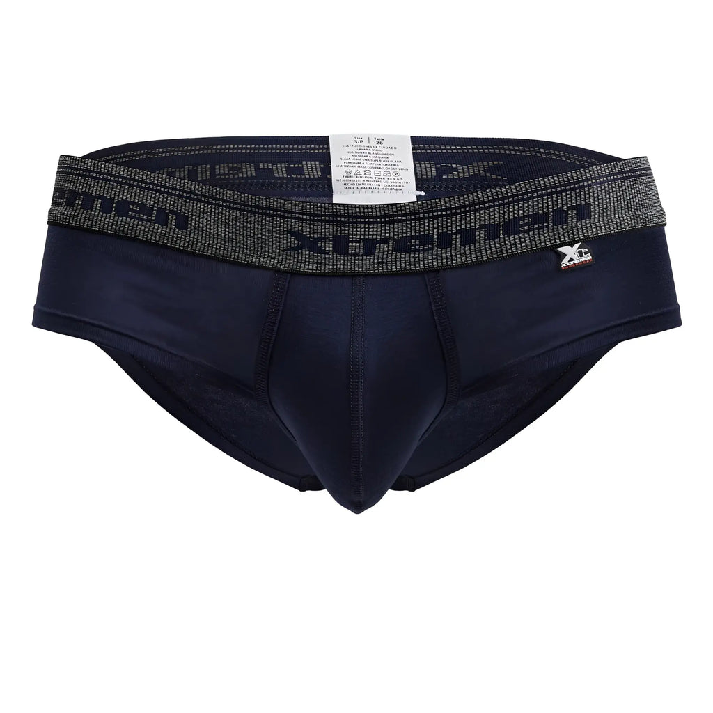 Navy xtremen 41315 cotton blend men’s briefs with a textured gray waistband featuring brand name and logo