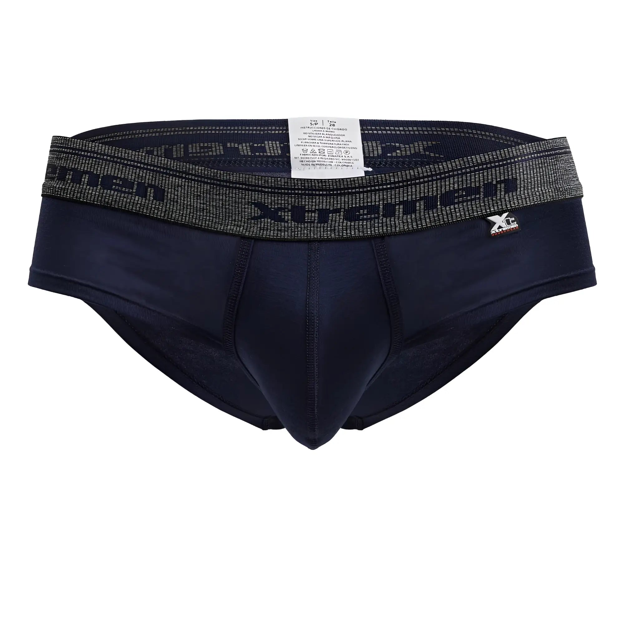 Navy xtremen 41315 cotton blend men’s briefs with a textured gray waistband featuring brand name and logo