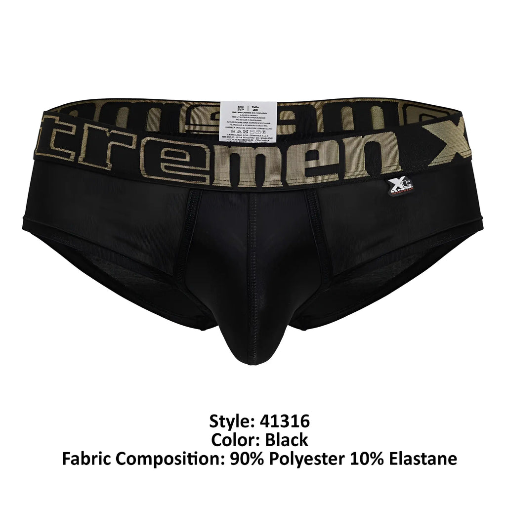 Black xtremen 41316 microfiber briefs with a camouflage waistband and xtremen x logo in olive green